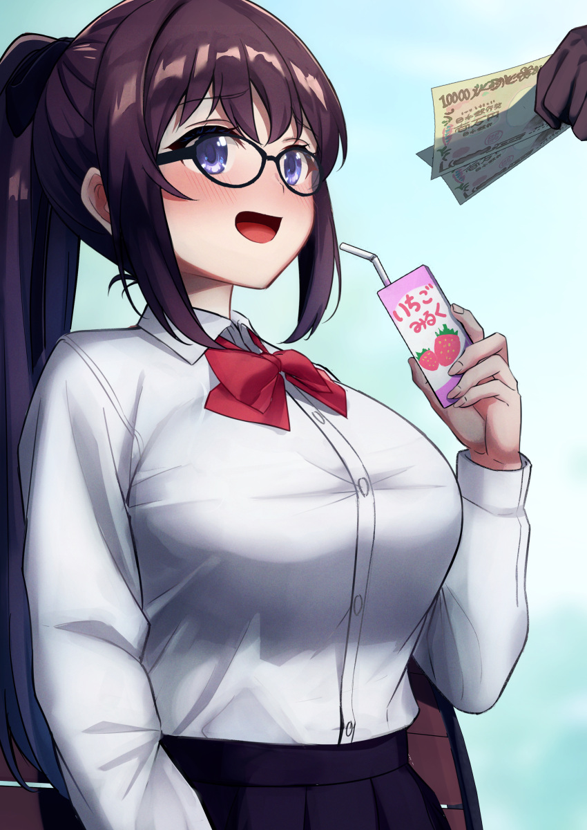 1girl :d absurdres black-framed_eyewear blush bow breasts dark_skin drink glasses hand_up hands highres holding holding_drink juice_box karaage_bou large_breasts long_hair long_sleeves money open_mouth original red_bow school_uniform smile solo_focus uniform