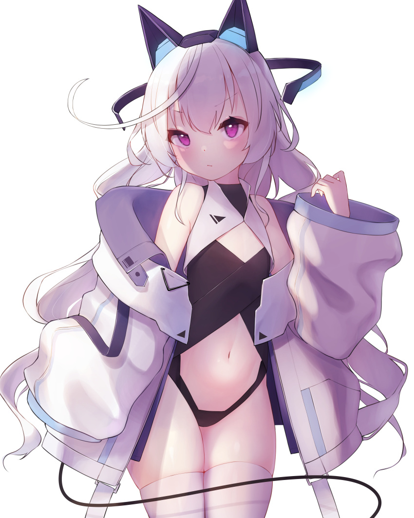 1girl absurdres ahoge animal_ears arm_up black_leotard blush cat_ears center_opening coat dai891111 fake_animal_ears flat_chest highres huge_ahoge leotard long_hair low_twintails navel off_shoulder original oversized_clothes pink_eyes silver_hair simple_background sleeves_past_wrists solo thigh-highs thighs twintails very_long_hair white_background white_legwear