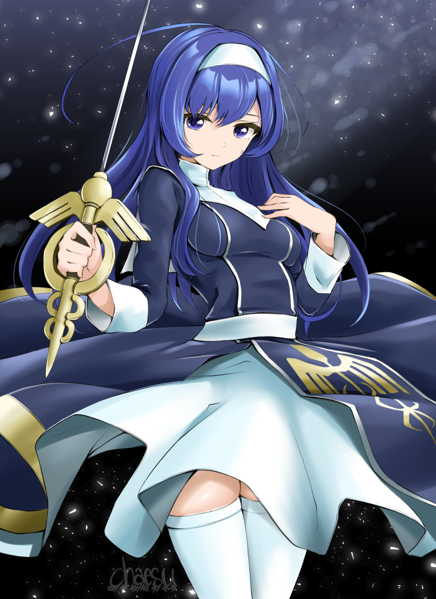 1girl bangs black_background black_dress blue_eyes blue_hair chaesu cowboy_shot dress hairband hands_up highres holding holding_sword holding_weapon long_hair looking_at_viewer orie_(under_night_in-birth) print_dress solo sword thigh-highs under_night_in-birth weapon white_hairband white_legwear