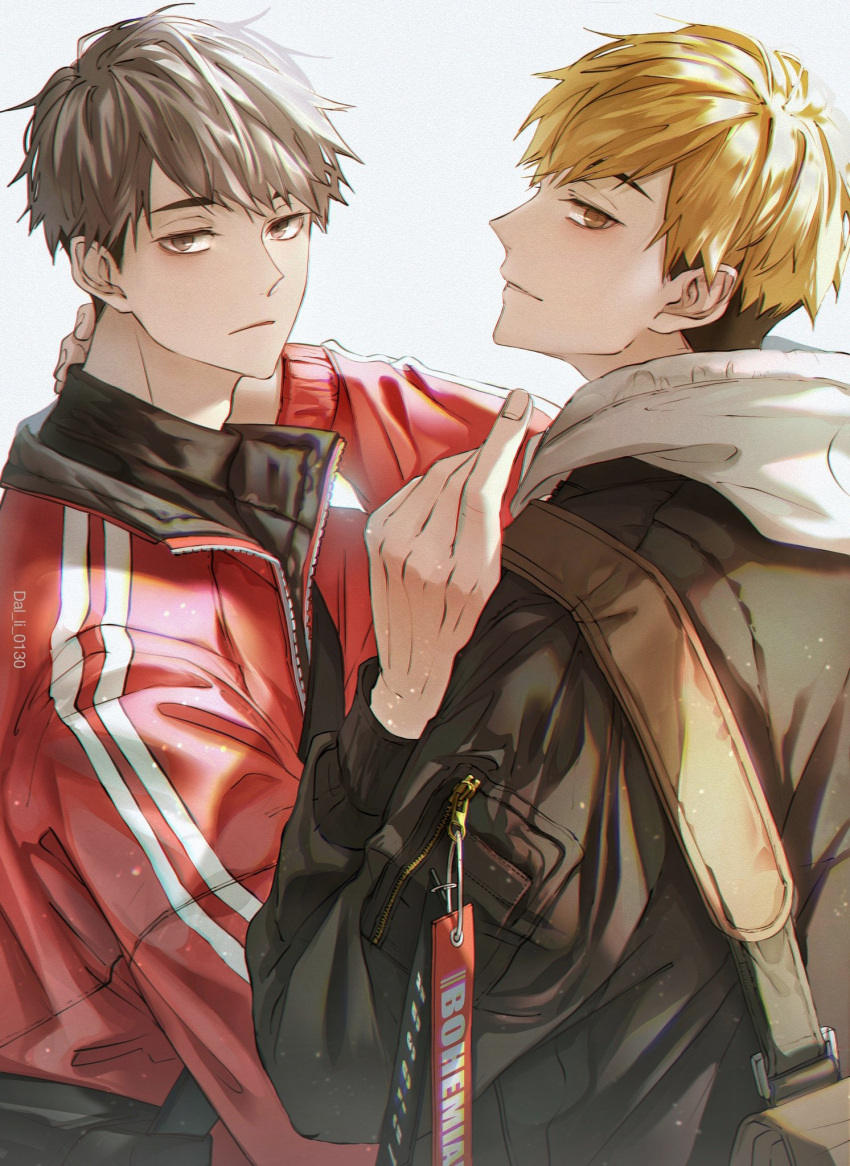 2boys alternate_costume bag blonde_hair brothers brown_eyes coat dal_li_0130 fingernails grey_hair haikyuu!! hand_on_own_neck head_tilt highres hood hoodie jacket korean_commentary long_sleeves looking_at_viewer looking_back male_focus miya_atsumu miya_osamu multicolored_hair multiple_boys parted_lips pocket short_hair siblings standing track_jacket twins twitter_username two-tone_hair white_hoodie zipper zipper_pull_tab