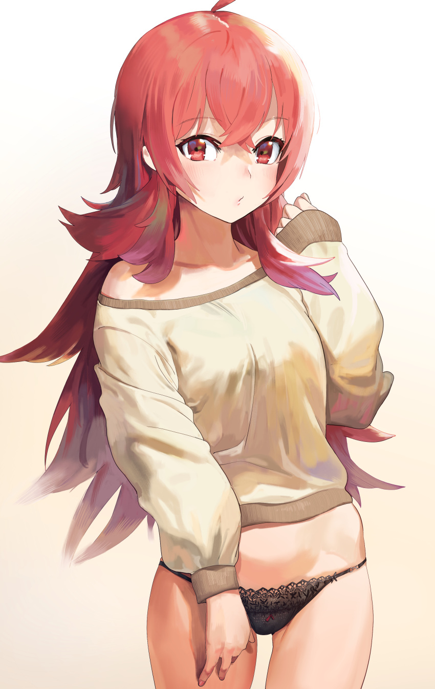 1girl absurdres ahoge bangs black_panties blush collarbone crossed_bangs dorontabi highres idolmaster idolmaster_shiny_colors komiya_kaho lace lace-trimmed_panties lace_trim long_hair long_sleeves looking_at_viewer no_pants off_shoulder open_mouth panties red_eyes redhead solo standing sweater underwear