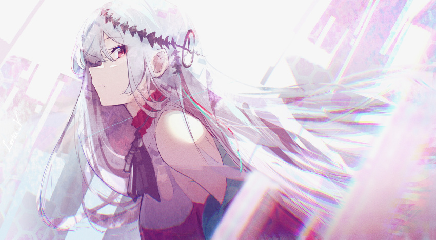 1girl arknights ascot black_neckwear chromatic_aberration commentary detached_sleeves dress grey_hair headgear highres leria_v long_hair looking_at_viewer red_dress red_eyes sideways_glance skadi_(arknights) skadi_the_corrupting_heart_(arknights) solo upper_body white_background