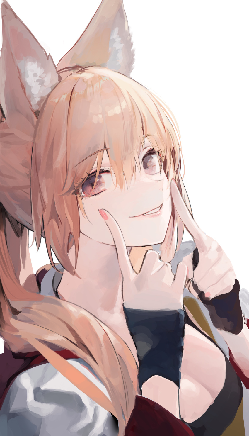 absurdres animal_ears blonde_hair finger_to_mouth fox_ears gloves highres huge_filesize kaiser_(myeonggihusband) original ponytail red_eyes smile