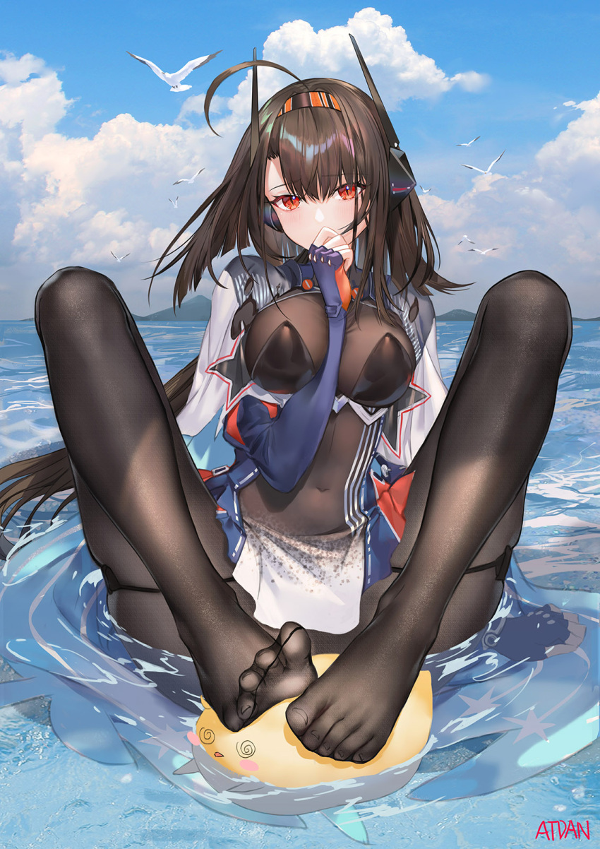 1girl ahoge arm_between_breasts atdan azur_lane between_breasts bird black_legwear blue_sky bodysuit breasts brown_hair capelet chick covered_navel covering_mouth day embarrassed feet fingerless_gloves frown gloves hairband headgear highres independence_(azur_lane) large_breasts long_hair long_sleeves looking_at_viewer manjuu_(azur_lane) no_shoes outdoors pantyhose red_eyes retrofit_(azur_lane) revision seagull sitting skindentation sky slit_pupils solo toes very_long_hair water