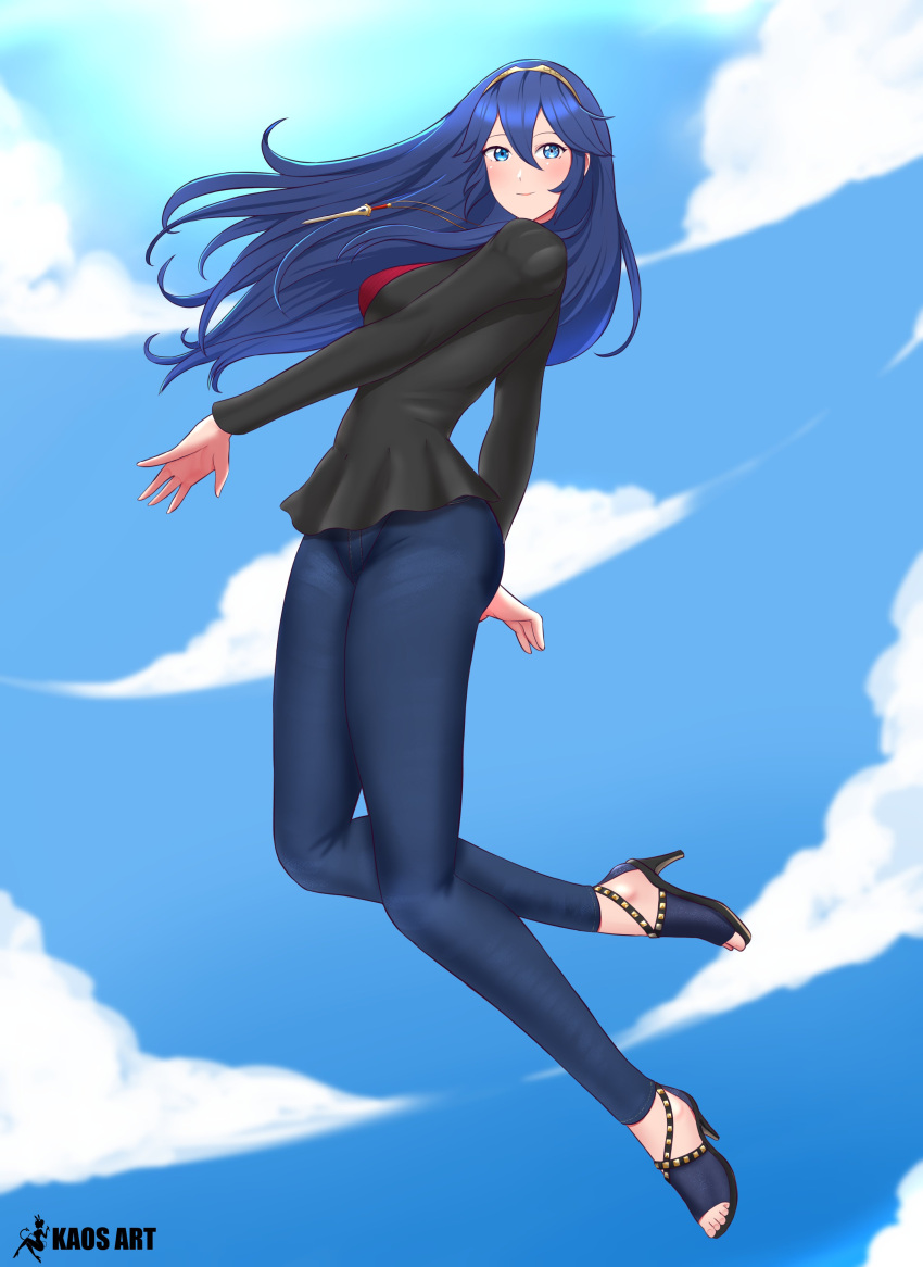 1girl absurdres alternate_costume bangs black_shirt blue_eyes blue_hair blue_pants blue_sky blush clouds fire_emblem fire_emblem_awakening full_body hair_between_eyes high_heels highres jewelry kaos_art long_hair long_sleeves looking_at_viewer lucina_(fire_emblem) necklace pants shirt sky solo tiara