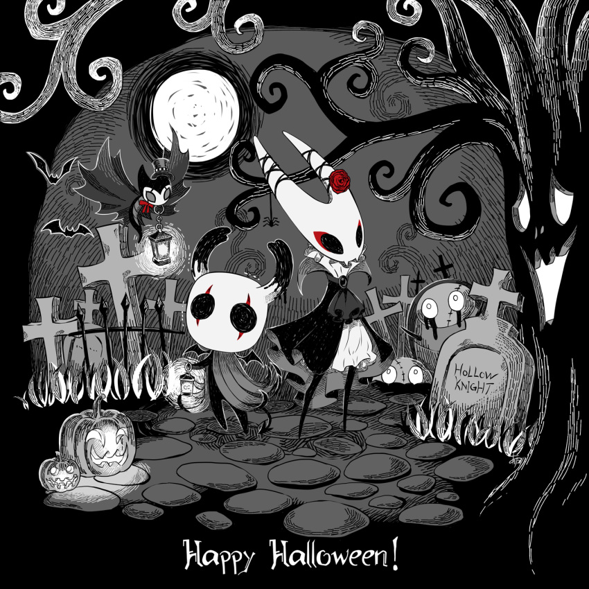 1boy 1girl 1other arizuka_(catacombe) bare_tree bat brooch cloak commentary copyright_name cravat english_commentary english_text eyeliner flower full_body full_moon graveyard greyscale grimmchild halloween hat highres holding holding_lantern hollow_eyes hollow_knight hornet_(hollow_knight) horns jack-o'-lantern jewelry knight_(hollow_knight) lantern looking_at_viewer makeup monochrome moon outdoors rose spot_color standing tombstone top_hat tree wings
