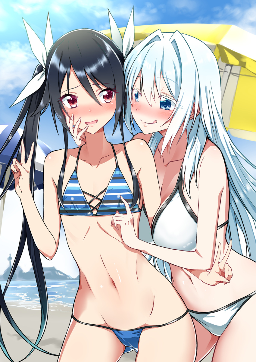 2girls :q beach bikini black_hair blue_bikini blue_eyes blue_sky blush breasts closed_mouth clouds day double_v flat_chest hair_ribbon highres large_breasts long_hair multiple_girls navel ocean open_mouth ore_twintail_ni_narimasu outdoors parasol red_eyes ribbon sky smile swimsuit tongue tongue_out tsube_aika twintails twoearle umbrella v white_bikini white_hair white_ribbon yuri yuto_(dialique)