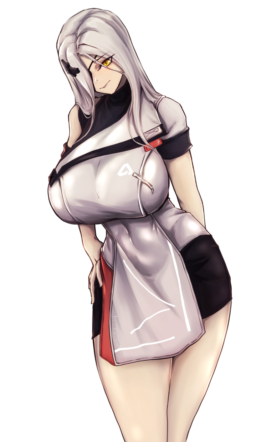 1girl absurdres alchemist_(girls_frontline) bangs black_eyepatch breasts closed_mouth dr._killerwhale eyebrows_visible_through_hair eyepatch feet_out_of_frame girls_frontline girls_frontline_2:_exilium hair_over_eyes hand_on_back hand_on_hip highres large_breasts long_hair looking_at_viewer silver_hair solo standing uniform white_background yellow_eyes