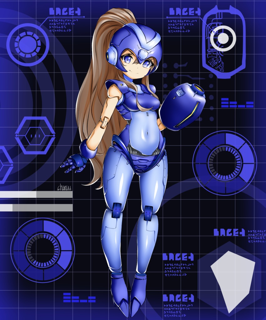 1girl android arm_cannon bangs blue_eyes blue_gloves brown_hair chaesu character_request covered_navel gloves highres joints long_hair looking_at_viewer mega_man_(series) ponytail robot_joints single_glove smile solo very_long_hair weapon