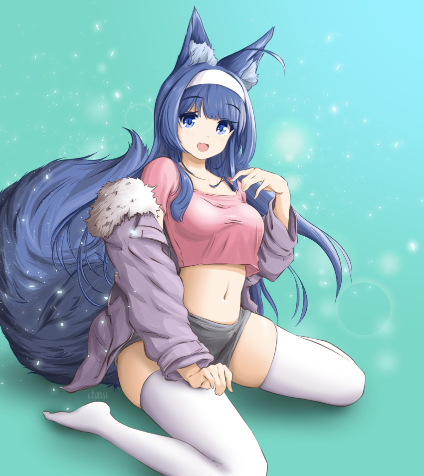 1girl animal_ear_fluff animal_ears blue_eyes chaesu fox_ears fox_girl fox_tail grey_jacket grey_shorts hand_up highres jacket long_sleeves looking_at_viewer midriff navel open_mouth orie_(under_night_in-birth) pink_shirt shirt shorts smile solo tail thigh-highs under_night_in-birth white_legwear