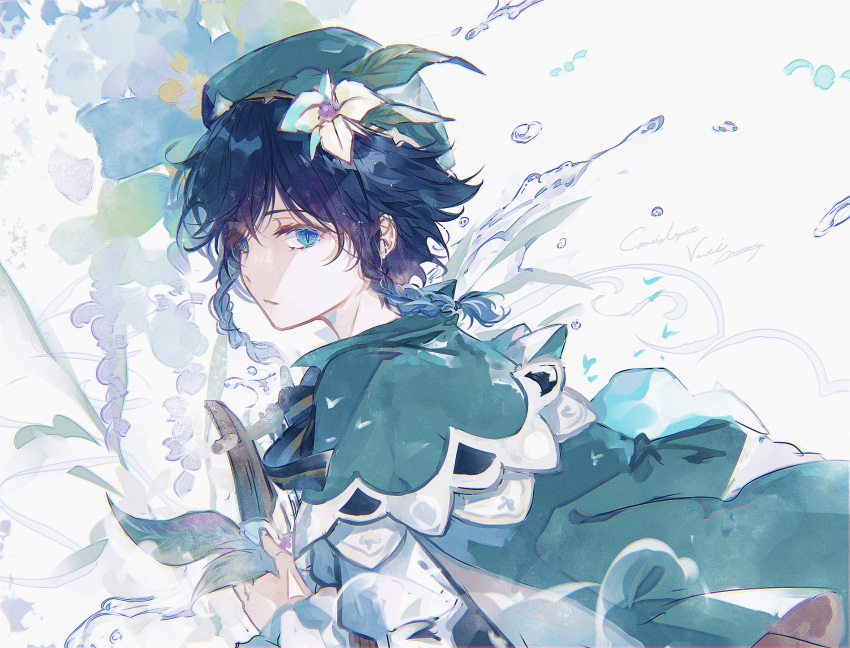 1boy androgynous bangs beret black_hair blue_hair bow braid closed_mouth collared_cape commentary english_commentary eyebrows_visible_through_hair flower frilled_sleeves frills from_side genshin_impact gradient_hair green_eyes green_headwear hair_flower hair_ornament hat highres holding holding_instrument instrument leaf long_sleeves looking_at_viewer lyre male_focus mokoppe multicolored_hair shirt short_hair_with_long_locks sidelocks simple_background slit_pupils solo twin_braids venti_(genshin_impact) water white_background white_flower white_shirt