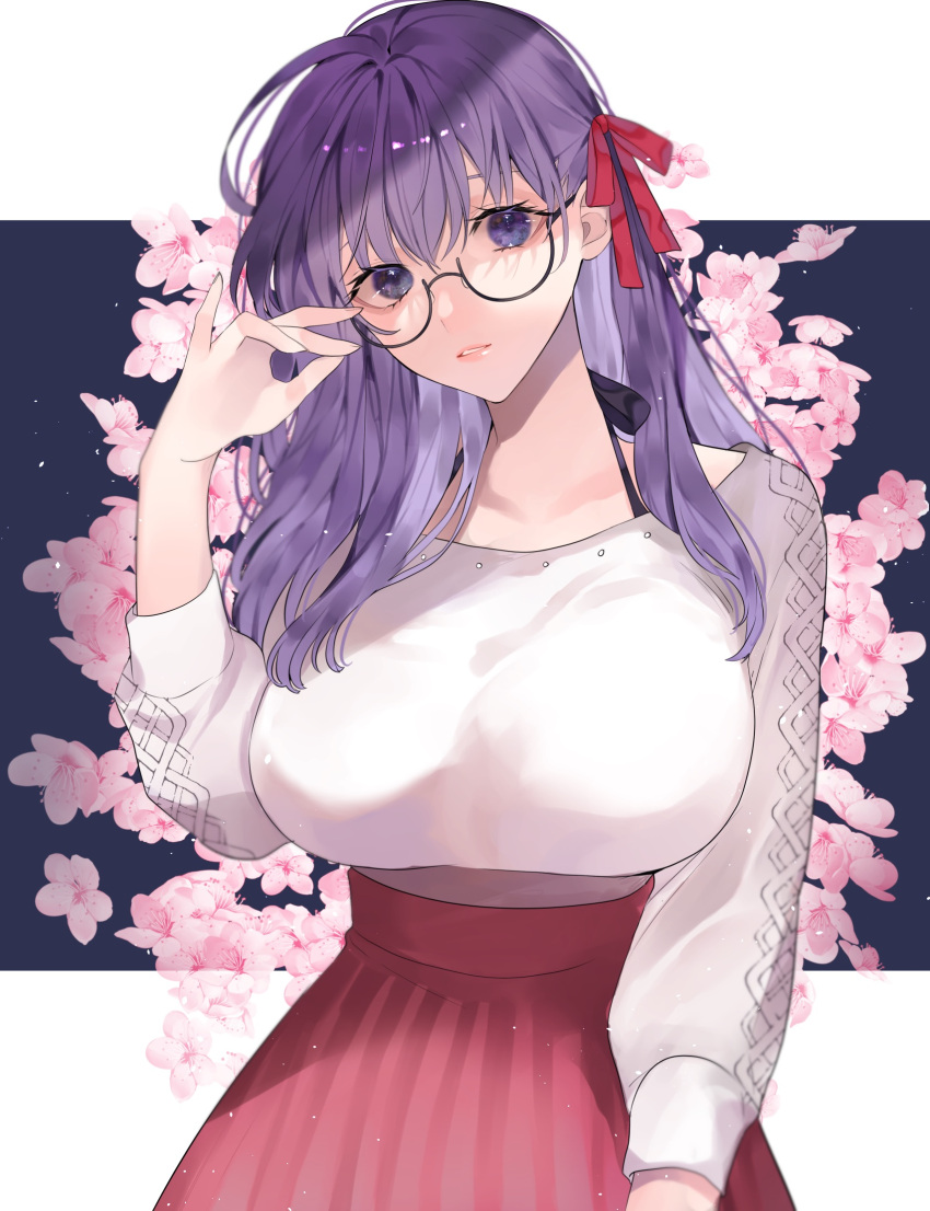 1girl adjusting_eyewear bangs breasts cherry_blossoms collarbone commentary_request fate/stay_night fate_(series) floral_background flower glasses hair_ribbon hand_up highres huge_breasts large_breasts long_hair long_neck long_sleeves looking_at_viewer matou_sakura parted_lips pink_skirt purple_hair red_ribbon red_skirt ribbon semi-rimless_eyewear shimatori_(sanyyyy) skirt solo sweater sweater_tucked_in symbol_commentary teeth violet_eyes white_sweater