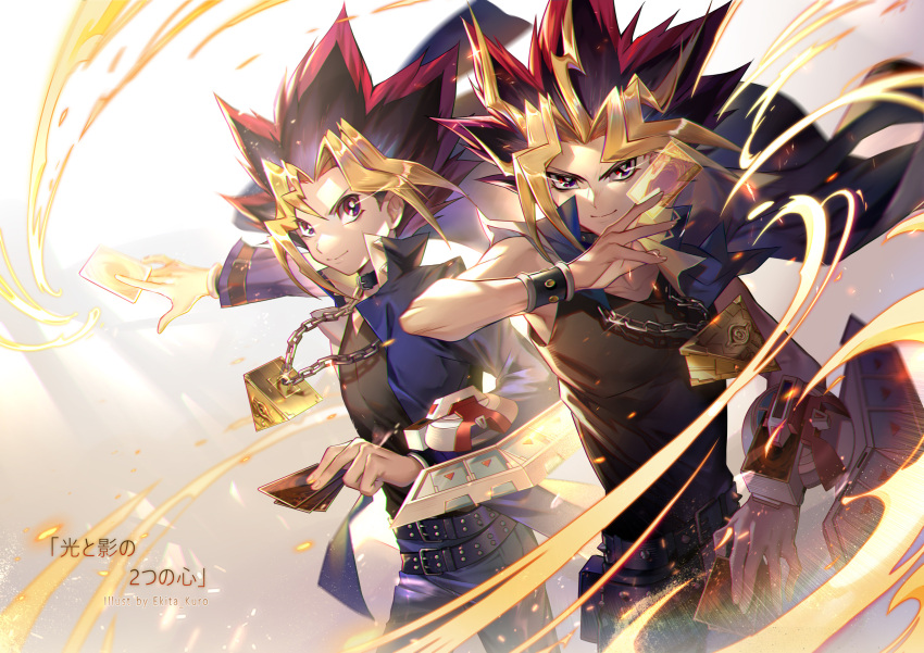 2boys belt black_belt black_hair black_shirt blonde_hair blue_jacket blue_pants bracelet card chain closed_mouth collarbone commentary domino_high_school_uniform duel_disk ekita_kuro english_commentary english_text gradient gradient_background highres holding holding_card jacket jacket_on_shoulders jewelry long_sleeves looking_at_viewer male_focus millennium_puzzle multicolored_hair multiple_boys mutou_yuugi open_clothes open_jacket pants red_eyes redhead school_uniform shirt sleeveless sleeveless_shirt smile spiky_hair standing translation_request yami_yuugi yu-gi-oh! yu-gi-oh!_duel_monsters