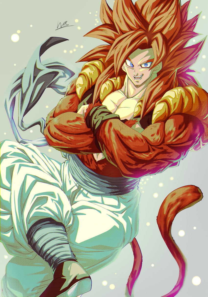 1boy black_footwear crossed_arms crossed_legs dragon_ball dragon_ball_gt fusion gogeta highres looking_at_viewer looking_up metamoran_vest monkey_boy monkey_tail muscular muscular_male obi open_mouth pants red_fur redhead sash sekitsuki_hayato sitting smile spiky_hair super_saiyan super_saiyan_4 tail white_pants