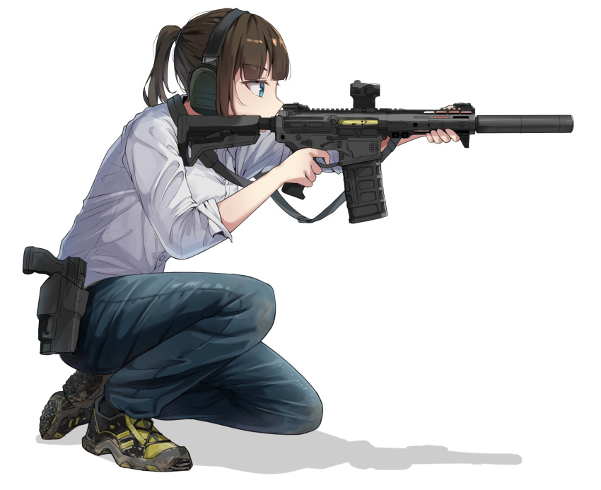 1girl aiming ar-15 assault_rifle bangs blue_eyes brown_hair denim earmuffs full_body gun h&amp;k_mark_23 hair_between_eyes handgun highres holding holding_gun holding_weapon holster holstered_weapon kneeling looking_to_the_side original pants ponytail rifle shadow shirt shoes simple_background sleeves_rolled_up sneakers solo tamusuguru weapon white_background white_shirt