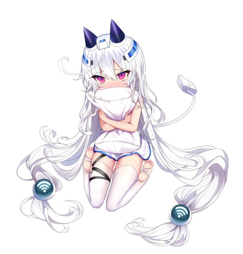 1girl bangs bare_arms bare_shoulders blush covered_mouth dress eyebrows_visible_through_hair full_body hair_between_eyes headgear highres indie_virtual_youtuber long_hair looking_at_viewer no_socks nose_blush official_art padko pillow pillow_hug shiodome_oji simple_background sitting soles solo stirrup_legwear tail thigh-highs toeless_legwear very_long_hair violet_eyes virtual_youtuber wariza white_background white_dress white_hair white_legwear wifi_symbol
