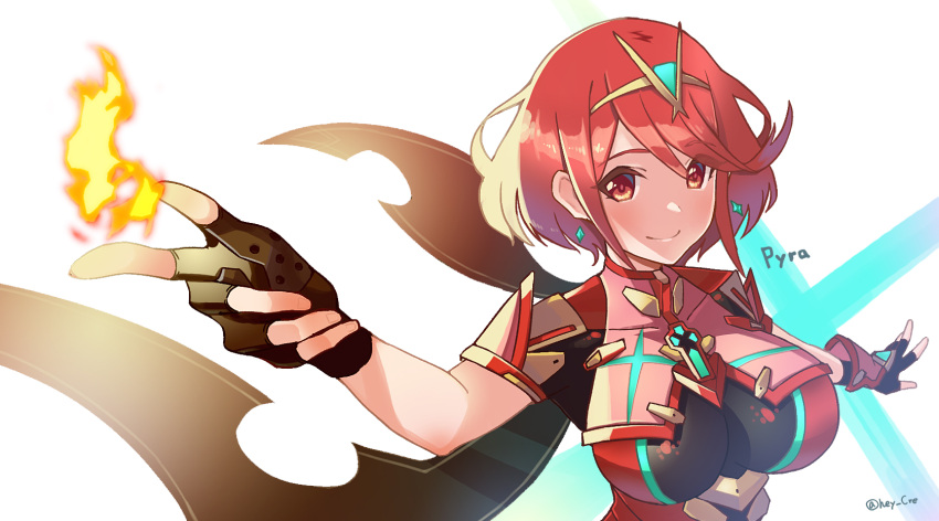 1girl bangs black_gloves breasts chest_jewel earrings fingerless_gloves gem gloves headpiece hey_cre highres jewelry large_breasts pyra_(xenoblade) red_eyes redhead short_hair short_shorts shorts solo swept_bangs tiara xenoblade_chronicles_(series) xenoblade_chronicles_2