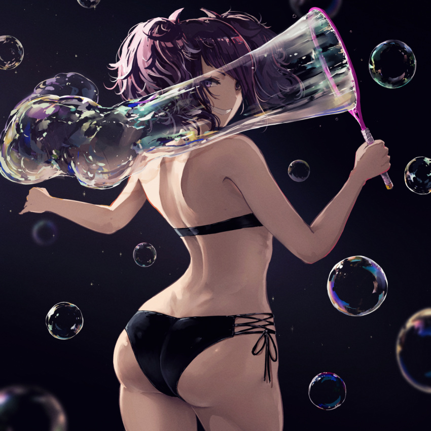1girl :d ass back bangs bare_arms bare_shoulders bikini black_bikini cowboy_shot dark_background diagonal_bangs dimples_of_venus from_behind grin highres idolmaster idolmaster_shiny_colors looking_at_viewer looking_back minyom open_mouth purple_hair short_hair short_twintails side-tie_bikini smile soap_bubbles solo swimsuit tanaka_mamimi teeth twintails violet_eyes