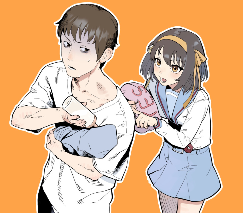 1boy 1girl 1other blue_skirt blush bottle brown_eyes brown_hair collarbone dugnul eyebrows_visible_through_hair fingernails hair_ribbon hatching_(texture) highres holding holding_baby holding_bottle holding_person holding_pillow kyon looking_at_another looking_back lower_teeth medium_hair milk older open_mouth orange_background outline parted_lips pillow poking ribbon school_uniform shirt simple_background skirt suzumiya_haruhi suzumiya_haruhi_no_yuuutsu sweat t-shirt teeth uniform white_outline yellow_ribbon yes-no_pillow