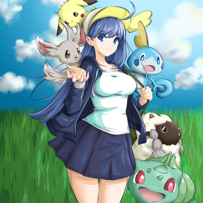 1girl black_jacket black_skirt blue_eyes blue_hair blue_sky bulbasaur chaesu clouds cloudy_sky cowboy_shot gen_1_pokemon gen_5_pokemon gen_8_pokemon grass hands_up hat highres jacket long_hair looking_at_viewer minccino orie_(under_night_in-birth) pikachu pleated_skirt pokemon pokemon_(creature) shadow shirt skirt sky smile sobble solo under_night_in-birth very_long_hair white_shirt wooloo