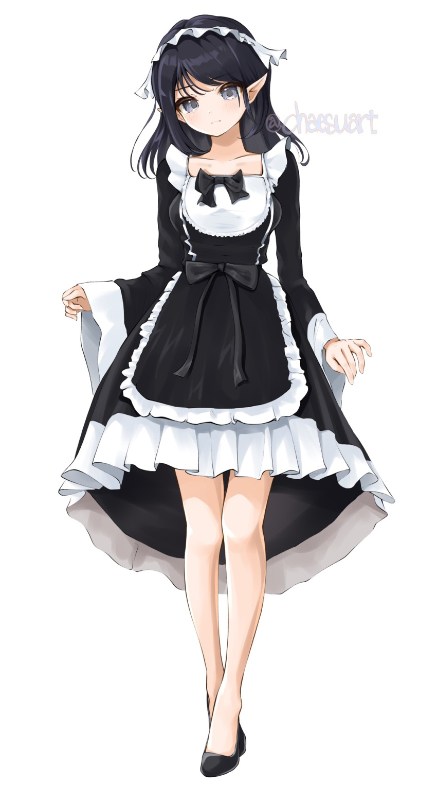 1girl bare_legs black_dress black_footwear black_hair chaesu commission dress elf frilled_dress frills full_body grey_eyes highres long_hair long_sleeves maid maid_headdress original pointy_ears shoes simple_background solo standing white_background wide_sleeves