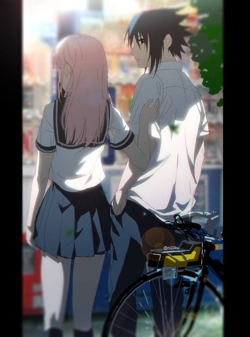 1356400321niku 1boy 1girl bicycle black_eyes black_hair black_legwear black_sailor_collar blue_pants blue_skirt blurry blurry_background collared_shirt couple from_behind ground_vehicle hand_in_pocket haruno_sakura highres kneehighs lens_flare long_hair looking_back miniskirt naruto_(series) outdoors pants pink_hair pleated_skirt profile sailor_collar sailor_shirt school_uniform serafuku shirt short_hair short_sleeves skirt solo straight_hair twitter_username uchiha_sasuke white_shirt