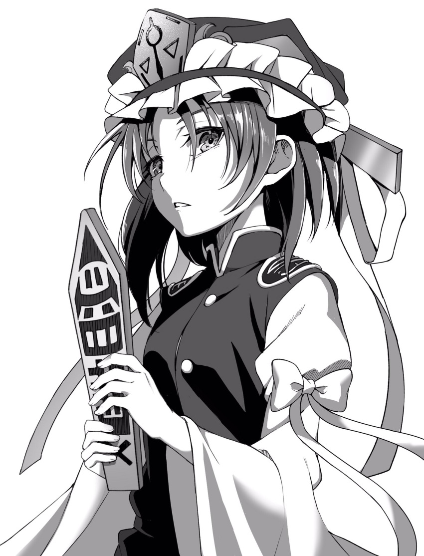 1girl asymmetrical_hair balance_scale bangs bow buttons epaulettes eyebrows_behind_hair frilled_hat frills greyscale hat highres holding juliet_sleeves long_sleeves looking_at_viewer medium_hair monochrome open_mouth puffy_sleeves rod_of_remorse shiki_eiki simple_background solo touhou upper_body vest weighing_scale yoshinatsu