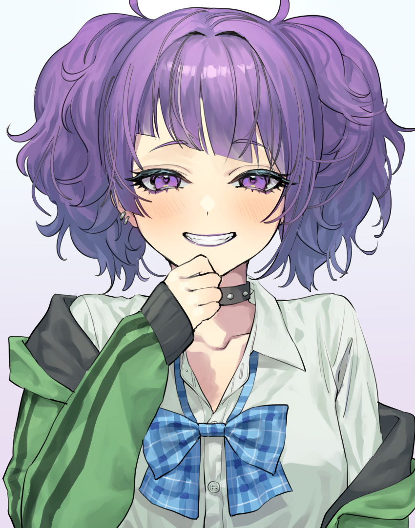 1girl absurdres asymmetrical_bangs bangs blunt_bangs blush bow bowtie collar collarbone diagonal_bangs eyelashes green_jacket grin hair_intakes hand_on_own_chin highres idolmaster idolmaster_shiny_colors jacket looking_at_viewer messy_hair open_collar piercing plaid plaid_bow purple_hair school_uniform seinarazu shirt simple_background smile solo spiked_collar spikes tanaka_mamimi twintails upper_body violet_eyes white_shirt