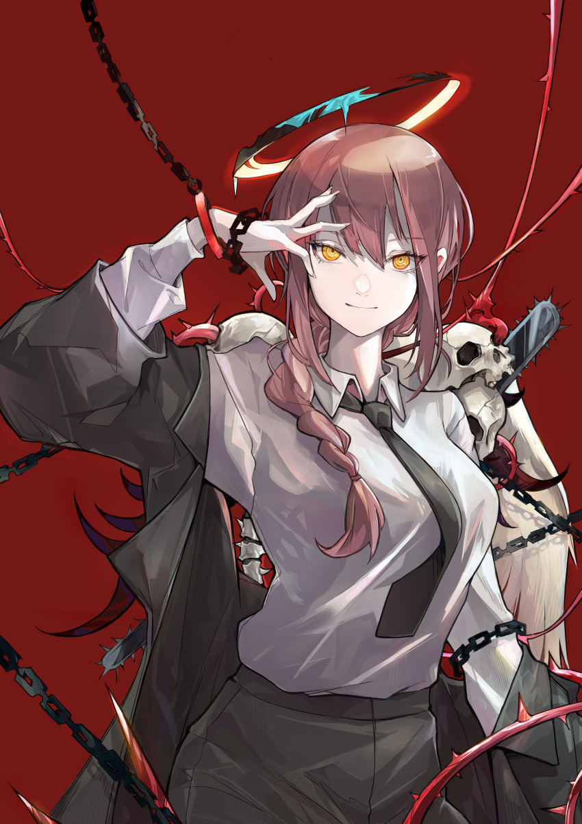 1girl a_yue absurdres bangs black_neckwear black_pants braid braided_ponytail breasts chain chainsaw chainsaw_man closed_mouth collared_shirt commentary_request english_commentary eyebrows_visible_through_hair feathered_wings formal halo highres jacket jacket_removed long_coat long_hair long_sleeves looking_at_viewer makima_(chainsaw_man) medium_breasts necktie pants red_background redhead ringed_eyes shirt sidelocks simple_background skull smile solo spine suit thorns white_shirt white_wings wings yellow_eyes