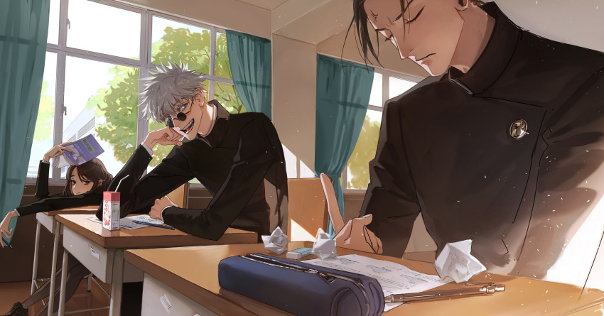 1girl 2boys absurdres blue_eyes book brown_eyes brown_hair classroom closed_eyes closed_mouth curtains desk drinking_straw eraser gakuran getou_suguru gojou_satoru highres holding holding_book holding_pencil ieiri_shoko indoors juice_box jujutsu_kaisen looking_at_another middle_finger multiple_boys open_mouth origami pantyhose pencil pencil_case round_eyewear sally_chang school school_desk school_uniform silver_hair sitting spiky_hair sunglasses tree window