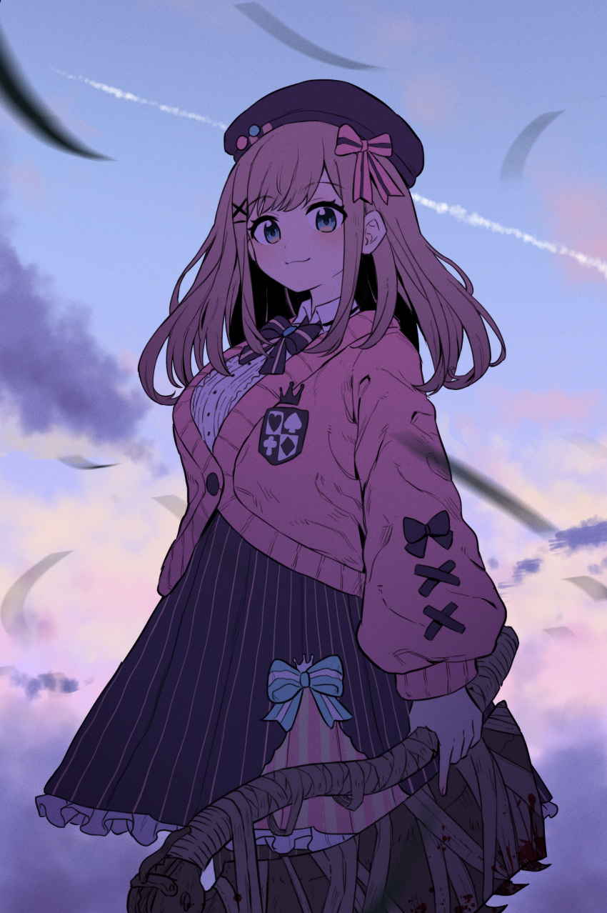 1girl absurdres bangs beret blood bloodborne blue_eyes bow breasts brown_hair cardigan clouds condensation_trail dress eyebrows_visible_through_hair fingernails hair_bow hair_ornament hat highres large_breasts looking_at_viewer nijisanji oogushi_aritomo outdoors pantyhose pink_cardigan smile solo standing suzuhara_lulu virtual_youtuber weapon x_hair_ornament