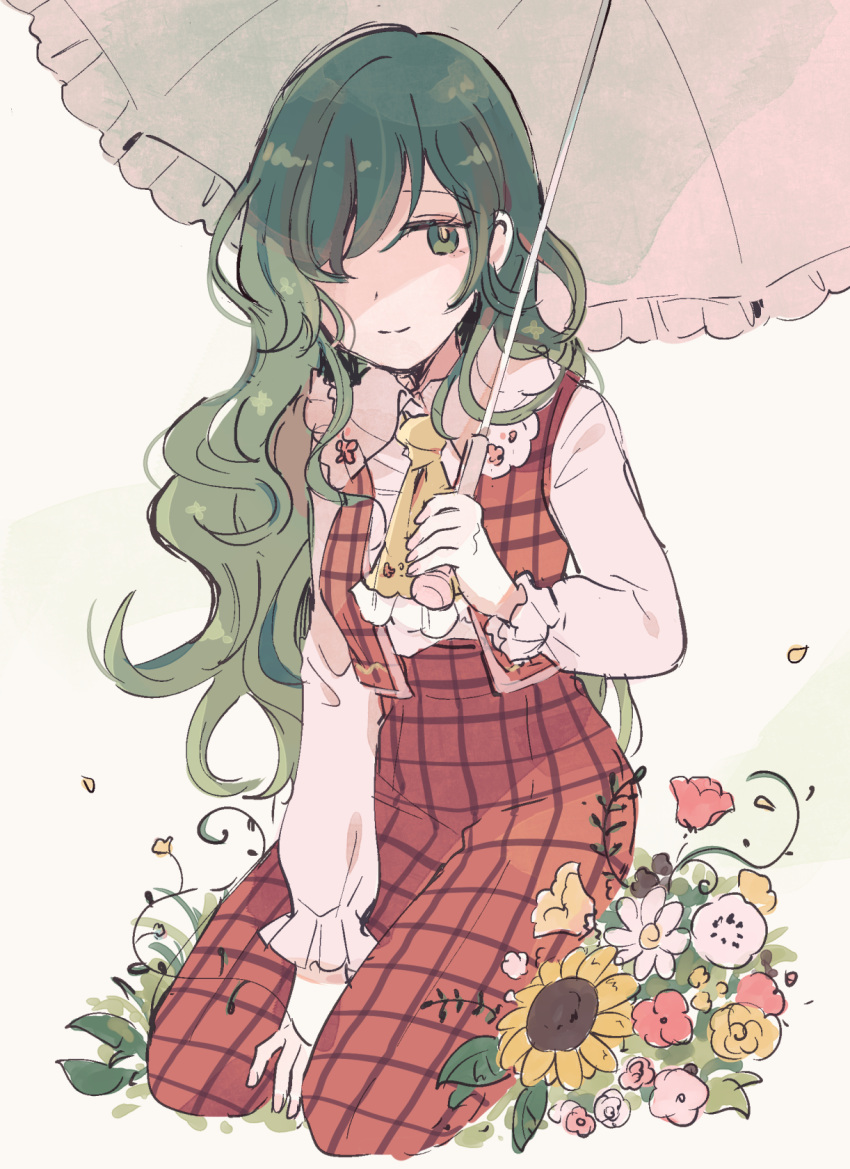 1girl ascot bangs closed_mouth eyebrows_visible_through_hair flower full_body green_eyes green_hair highres holding holding_umbrella kazami_yuuka kazami_yuuka_(pc-98) long_hair long_sleeves mozukuzu_(manukedori) pants plaid plaid_pants plaid_vest red_pants red_vest seiza shirt simple_background sitting smile touhou touhou_(pc-98) umbrella vest wavy_hair white_background white_shirt white_umbrella yellow_neckwear