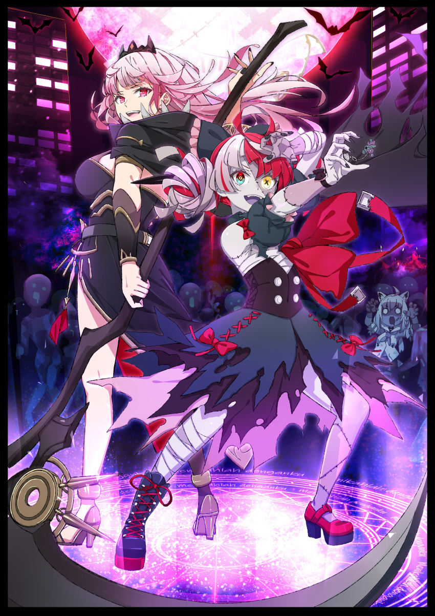 2girls absurdres back-to-back bandages bat black_dress blue_eyes breasts building cape cno dress drill_hair flat_chest full_moon heterochromia high_heels highres holding holding_scythe hololive hololive_english hololive_indonesia kureiji_ollie large_breasts long_hair looking_back looking_up magic_circle moon mori_calliope multicolored_hair multiple_girls night night_sky open_mouth pink_hair pumps red_eyes redhead scythe side_slit skirt sky stitches summoning symbol_in_eye tiara torn_clothes torn_skirt twin_drills two-tone_hair virtual_youtuber white_hair yellow_eyes zombie