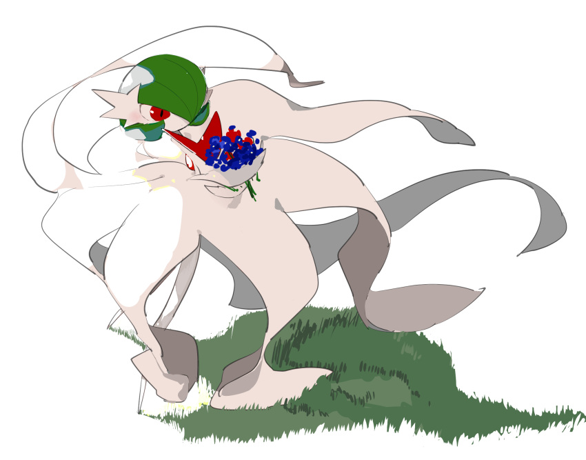 1girl apios1 bangs blue_flower blush bob_cut bouquet closed_mouth colored_skin commentary dress elbow_gloves flower from_side full_body gardevoir gen_3_pokemon gloves grass green_hair hair_over_one_eye highres holding holding_bouquet holding_flower light_blush mega_gardevoir mega_pokemon outdoors pokemon pokemon_(creature) red_eyes red_flower short_hair simple_background sketch solo standing white_background white_dress white_gloves white_skin