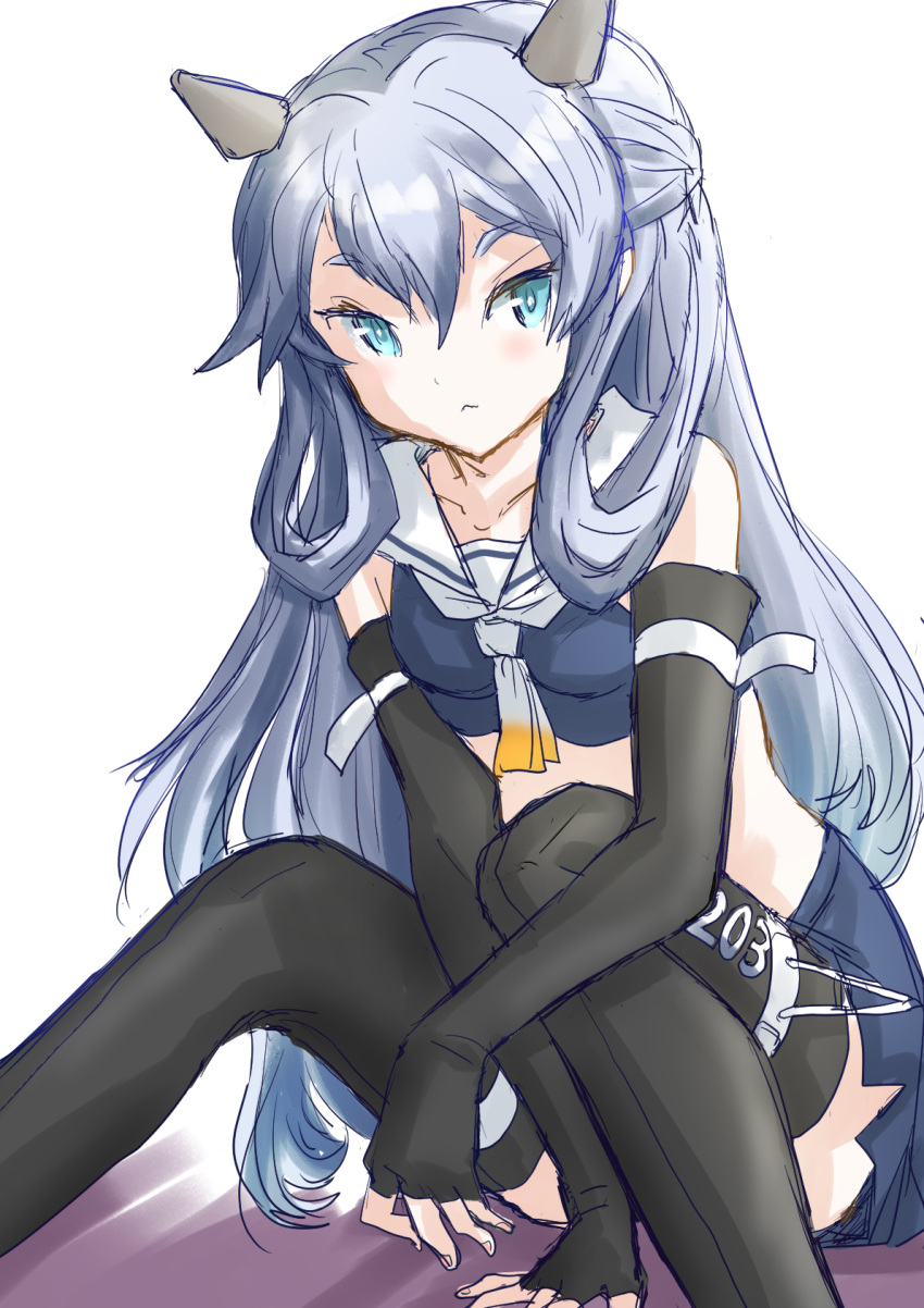 1girl black_gloves black_legwear blue_skirt crop_top elbow_gloves fingerless_gloves fuji_(pixiv24804665) gloves gradient_neckwear headgear highres horned_headwear i-203_(kancolle) kantai_collection light_blue_eyes light_blue_hair long_hair looking_at_viewer midriff neckerchief pencil_skirt sailor_collar sidelocks simple_background sitting skirt sleeveless solo white_background white_neckwear white_sailor_collar