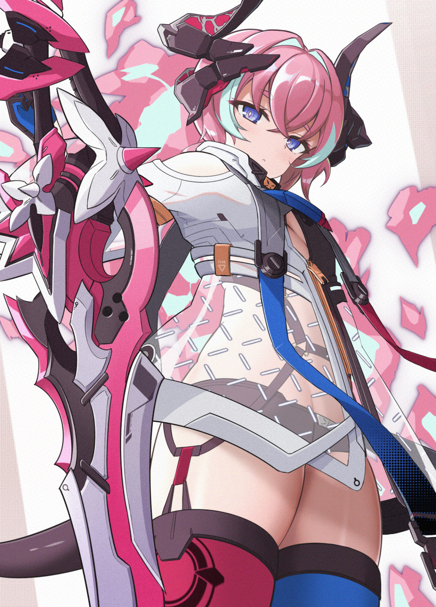 1girl :i bare_shoulders blue_eyes blue_legwear breasts budesonide closed_mouth highres honkai_(series) honkai_impact_3rd horns jacket looking_at_viewer looking_down mismatched_legwear multicolored_hair pink_hair pink_legwear rozaliya_olenyeva rozaliya_olenyeva_(fervent_tempo) see-through_jacket small_breasts solo streaked_hair sword tail thigh-highs under_boob weapon