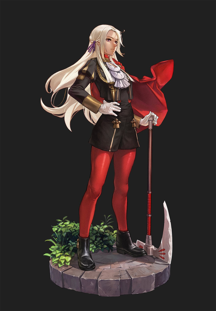 1girl axe black_background black_footwear buttons cape commentary cravat daniel_deng edelgard_von_hresvelg english_commentary film_grain fire_emblem fire_emblem:_three_houses full_body garreg_mach_monastery_uniform gloves hair_ribbon half_updo hand_on_hip high_collar highres holding holding_weapon juliet_sleeves long_hair long_sleeves pantyhose parted_lips plant puffy_sleeves ribbon shorts simple_background standing violet_eyes weapon white_gloves white_hair