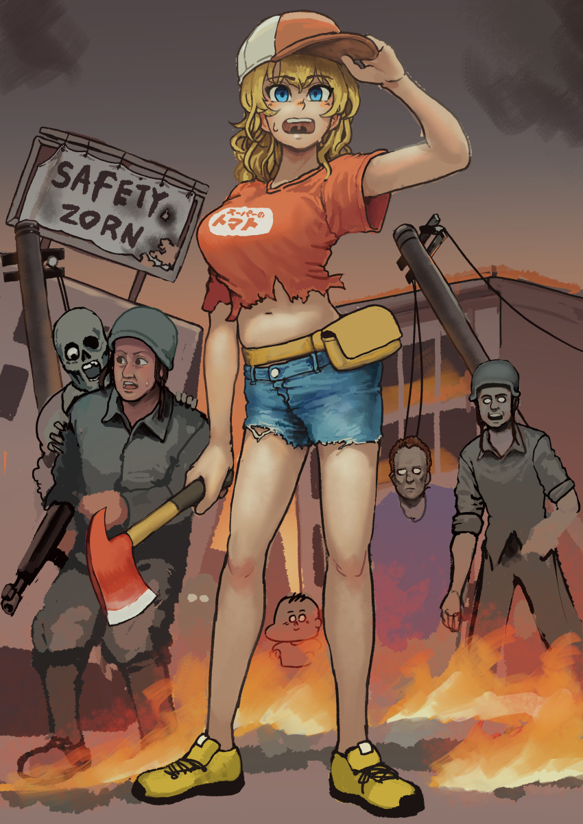 1girl 5boys absurdres arm_up axe bangs baseball_cap belt blonde_hair blue_eyes blue_shorts building chanta_(ayatakaoisii) copyright_request eyebrows_visible_through_hair fire full_body hat highres holding holding_axe long_hair midriff multiple_boys navel open_mouth print_shirt red_shirt shirt shoes short_sleeves shorts sign solo_focus standing yellow_footwear zombie