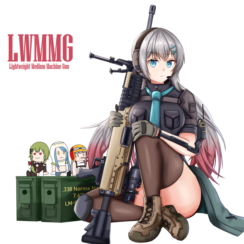 1girl absurdres bangs black_legwear black_shirt blue_eyes blue_neckwear box breasts brown_footwear character_name closed_mouth daisy_cutter english_text eyebrows_visible_through_hair girls_frontline gloves grey_gloves grey_hair headphones highres holding holding_weapon long_hair looking_at_viewer lwmmg_(girls_frontline) multicolored_hair necktie on_floor shirt solo thigh-highs thighs walkie-talkie weapon white_background