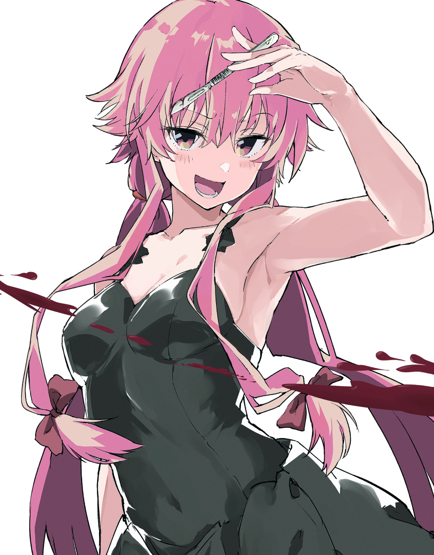 1girl absurdres armpits bangs black_dress blood blood_spray collarbone covered_navel dress eyebrows_visible_through_hair gasai_yuno highres holding holding_knife knife long_hair looking_at_viewer mirai_nikki open_mouth pink_eyes pink_hair rauto scalpel simple_background solo twintails upper_body white_background