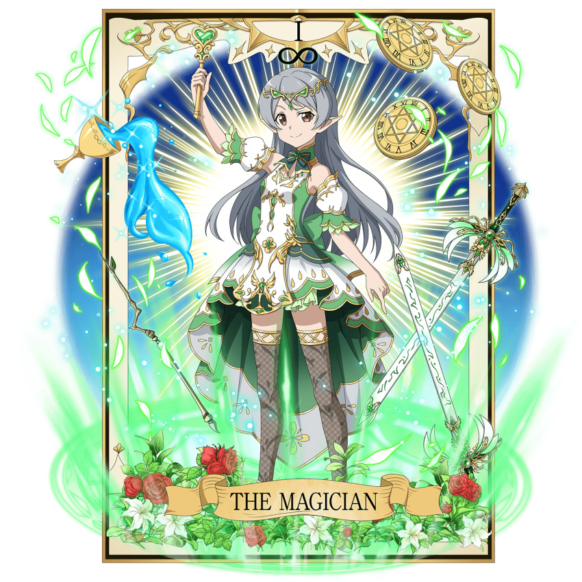 1girl arm_up bangs brown_eyes card_(medium) circlet closed_mouth detached_collar detached_sleeves floating_hair flower full_body green_neckwear green_sleeves grey_legwear highres holding lily_(flower) long_hair looking_at_viewer multicolored_sleeves official_art plaid plaid_legwear pointy_ears red_flower red_rose rose seven_(sao) sheath sheathed shiny shiny_hair short_sleeves silver_hair skirt smile solo swept_bangs sword sword_art_online tarot_arcana the_magician_(tarot) thigh-highs transparent_background very_long_hair wand weapon white_flower white_skirt white_sleeves