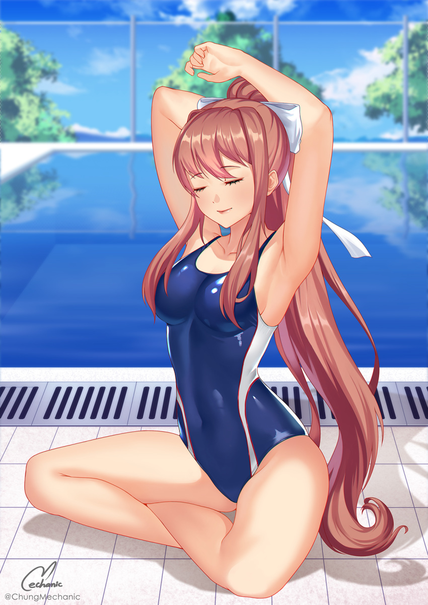 1girl armpits arms_up artist_name blue_swimsuit blurry blurry_background bow breasts brown_hair chungmechanic closed_eyes collarbone competition_swimsuit covered_navel day doki_doki_literature_club full_body hair_bow high_ponytail highres indian_style long_hair medium_breasts monika_(doki_doki_literature_club) one-piece_swimsuit outdoors ponytail pool poolside shiny shiny_hair sideboob sitting solo swimsuit very_long_hair white_bow