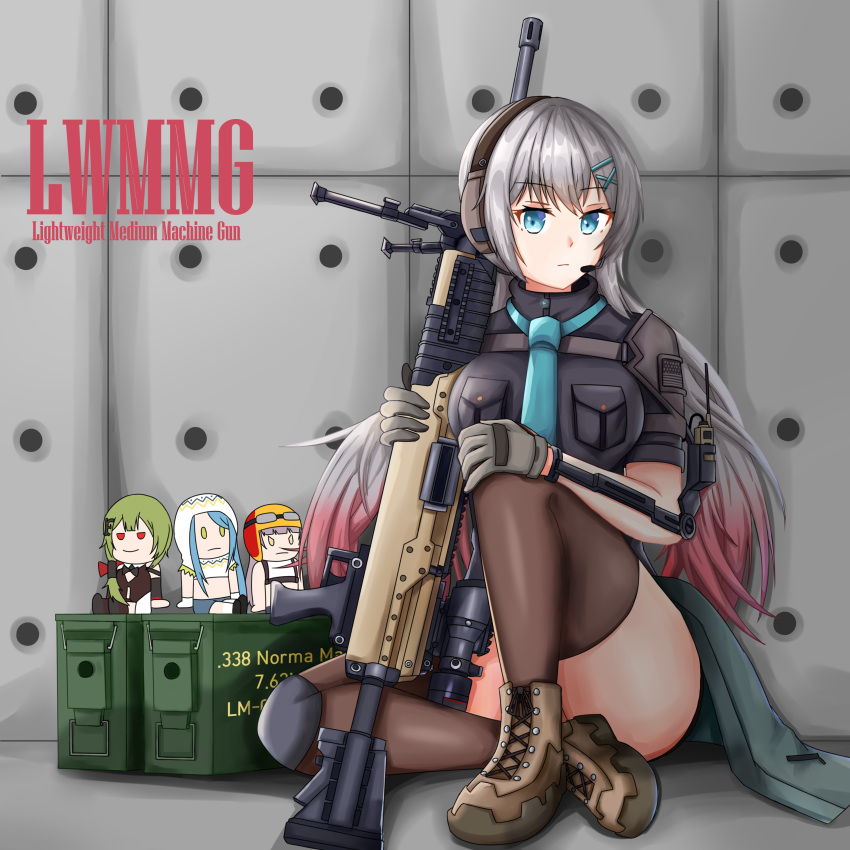 1girl absurdres bangs black_legwear black_shirt blue_eyes blue_neckwear box breasts brown_footwear character_name closed_mouth daisy_cutter english_text eyebrows_visible_through_hair girls_frontline gloves grey_gloves grey_hair headphones highres holding holding_weapon long_hair looking_at_viewer lwmmg_(girls_frontline) multicolored_hair necktie on_floor shirt simple_background solo thigh-highs thighs walkie-talkie weapon