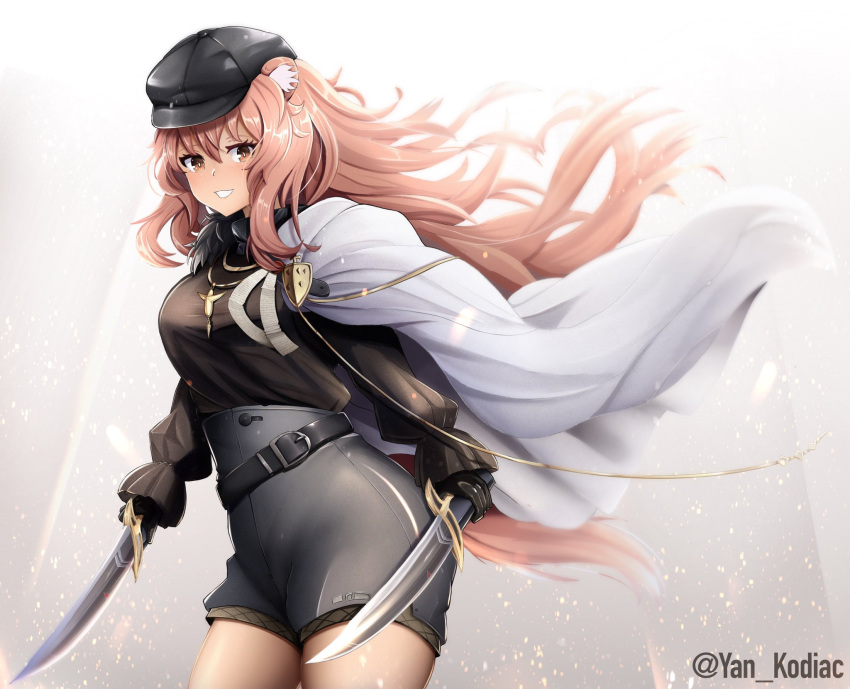 1girl animal_ear_fluff animal_ears arknights black_gloves black_headwear black_shirt black_shorts cabbie_hat cape cowboy_shot dagger dual_wielding english_commentary gloves gravel_(arknights) gravel_(modeling_night)_(arknights) grey_eyes grin hat highres holding holding_dagger holding_weapon jewelry knife long_hair long_sleeves looking_at_viewer mouse_ears necklace official_alternate_costume parted_lips pink_hair shirt shorts smile solo standing tail thigh_strap thighs twitter_username weapon white_cape yan_kodiac