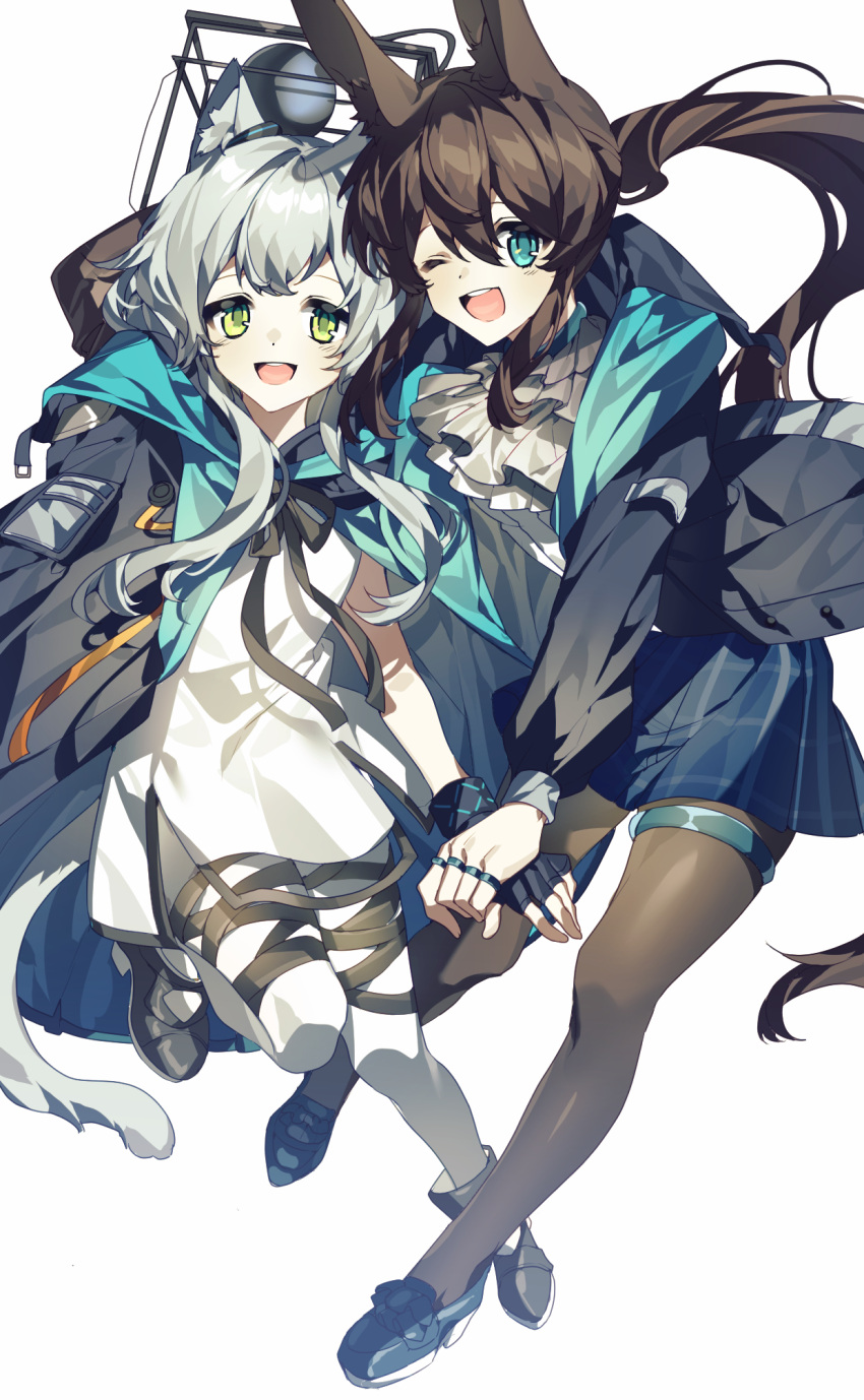 2girls amiya_(arknights) animal_ears arknights bangs blue_eyes blush brown_hair cat_ears cat_girl cat_tail cloak cravat dress full_body gata_tear green_eyes highres holding_hands hood hood_down hooded_cloak hooded_jacket infection_monitor_(arknights) jacket jewelry miniskirt multiple_girls one_eye_closed open_mouth pantyhose ponytail rabbit_ears rabbit_girl ring rosmontis_(arknights) silver_hair skirt tail thigh_strap white_dress