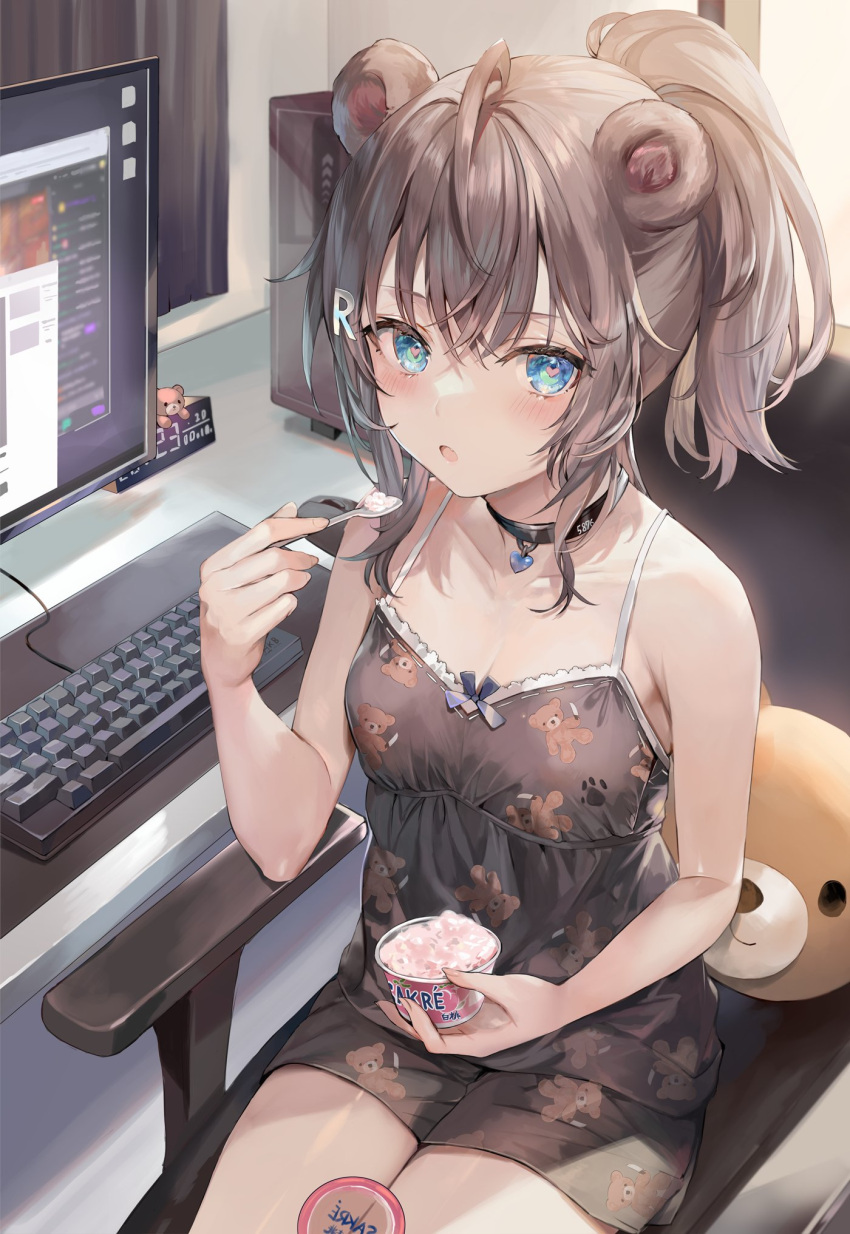 1girl :o ahoge animal_ears bare_arms bare_shoulders bear_ears black_choker black_shirt black_shorts blue_eyes breasts camisole chair choker computer food grey_hair heart heart-shaped_pupils highres ice_cream long_hair looking_at_viewer momoko_(momopoco) office_chair open_mouth original ponytail shirt short_shorts shorts sitting sleeveless sleeveless_shirt small_breasts solo spaghetti_strap symbol-shaped_pupils