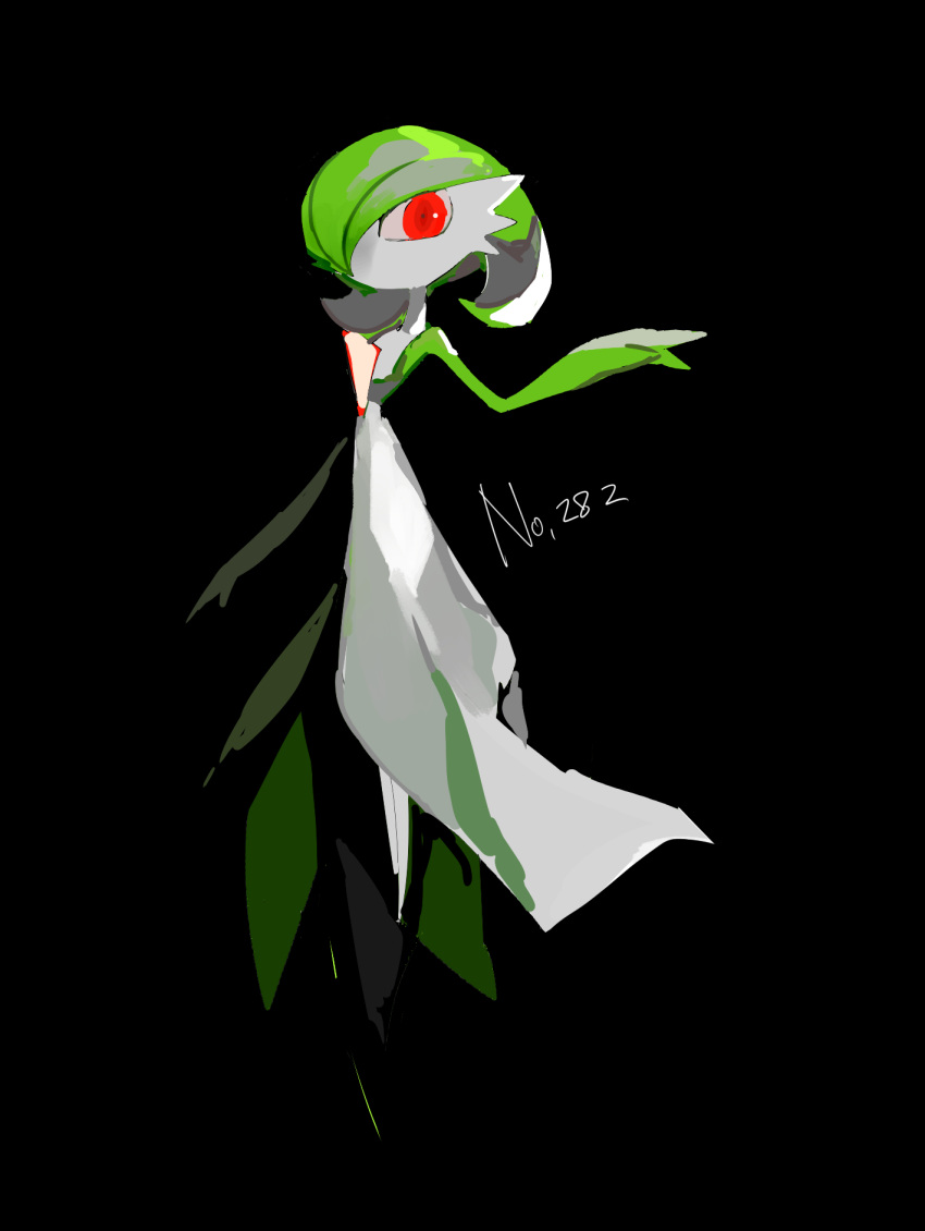 1girl apios1 bangs black_background bob_cut colored_skin commentary flat_chest full_body gardevoir gen_3_pokemon green_hair green_skin hair_over_one_eye hand_up highres legs_together looking_at_viewer multicolored multicolored_skin no_mouth number pokedex_number pokemon pokemon_(creature) red_eyes short_hair simple_background sketch solo standing two-tone_skin white_skin