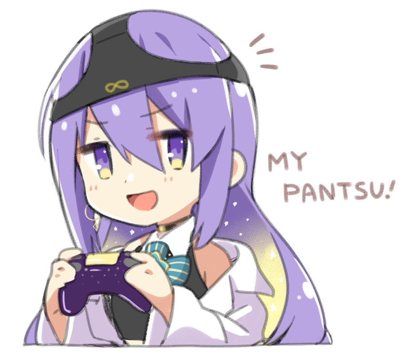 1girl black_panties controller earrings game_controller gradient_hair highres holding holding_controller hololive hololive_indonesia jacket jewelry komo_wan110 long_hair moona_hoshinova multicolored_hair object_on_head panties panties_on_head purple_hair single_earring underwear violet_eyes virtual_youtuber white_background white_jacket