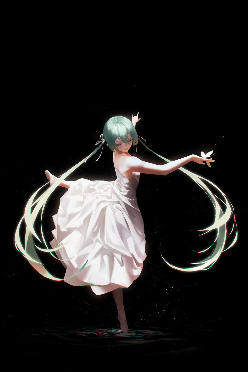 1girl absurdres aqua_hair bangs bare_arms bare_shoulders black_background breasts bug butterfly butterfly_on_hand closed_eyes closed_mouth dancing dress full_body glowing_butterfly hatsune_miku highres insect leg_up liquid long_hair rsef simple_background small_breasts strapless strapless_dress twintails very_long_hair vocaloid white_dress