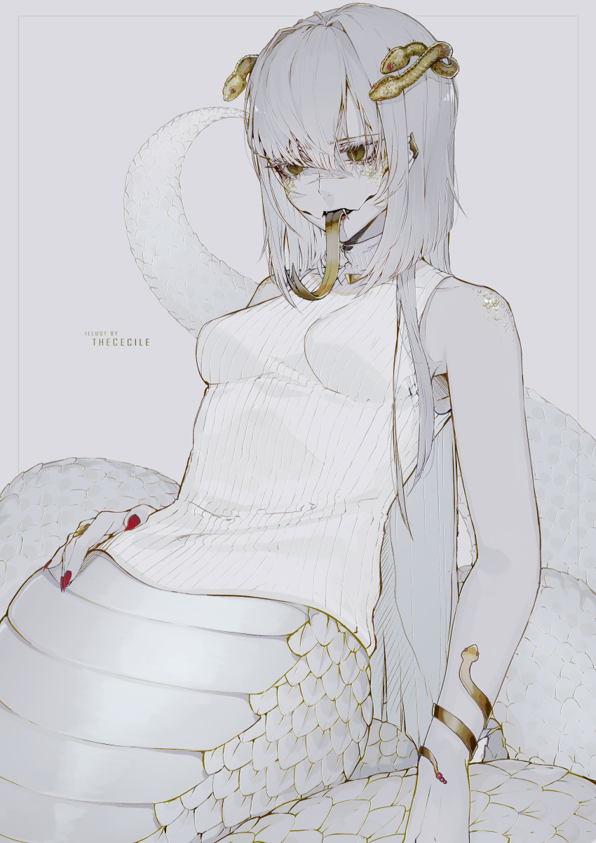 1girl absurdres breasts colored_skin fangs fingernails grey_hair grey_skin hair_ornament hand_on_hip highres indie_virtual_youtuber lamia long_hair long_tongue monster_girl monsterification red_nails ribbed_sweater scales sharp_fingernails sleeveless_sweater slit_pupils small_breasts snake_hair_ornament solo sweater the_cecile the_cecile_(vtuber) tongue tongue_out virtual_youtuber wide_hips yellow_eyes